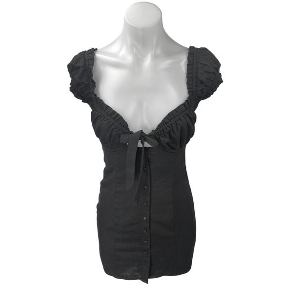 Princess Polly Black Linen Short Puff Sleeve Tie Button Up Mini Bodycon Dress 2 - Picture 1 of 5
